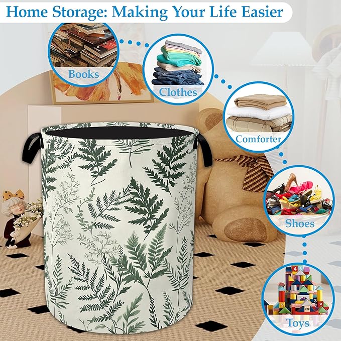 Green Leaves Laundry Basket Collapsible Oxford Organizer Basket for Storage Bin Toy Bins Gift Baskets Bedroom Clothes Children Nursery Hamper 16" X 20.8"