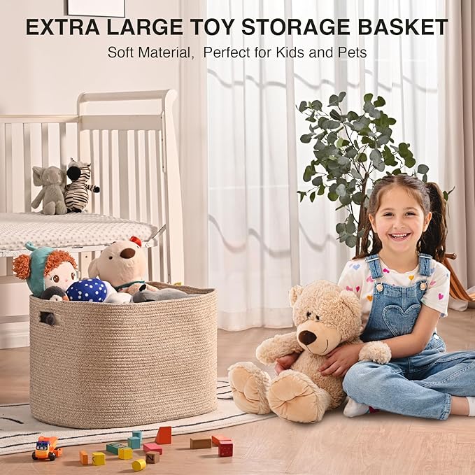 Large Storage Basket for Organizing, Blanket Basket for Living Room, Large Toy Baskets for Storage, Woven Cotton Rope Baskets for Blankets, Clothes, Shoes, Brown, 25”x16”x16” (105L)