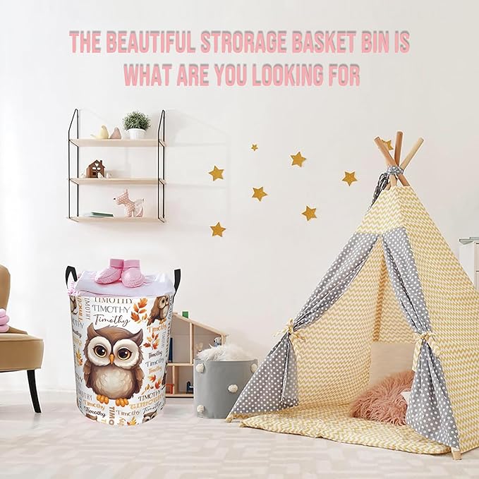 Owl Laundry Basket,Personalized Laundry Hamper for Boys Girls,Custom Laundry Basket With Name, Customized Dirty Clothes Hamper for Bathroom Bedrooms,M-19.5"X 15.7"
