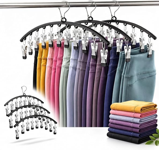 Legging Hanger Organizer (3 Pack) – Holds 30 Leggings, Space Saving Metal Pants Hangers with 10 Clips Each for Closet Organization