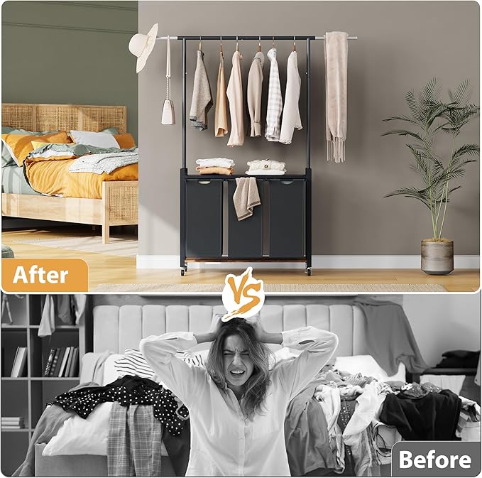 IDEALHOUSE Laundry Sorter 3 Section with Hanging Rack,Rolling Laundry Sorter Hamper with Shelf & Lockable Wheels,Laundry Basket Organizer for Laundry Room, Bedroom, Bathroom