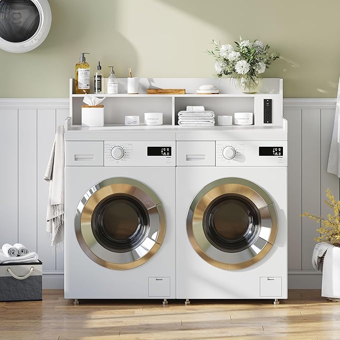 Upgraded 2-Tier Washer and Dryer Countertop with Power Outlet,54" W x 27.6" D Large Laundry Countertop for Fold Clothes, Laundry Topper with Non-Slip Pads & Metal Hooks and Storage Basket