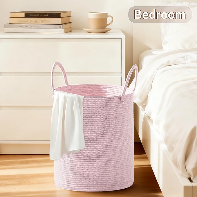Girls' Tall Laundry Basket with Handles, 53L Portable Dirty Clothes Hamper, Boho Cotton Rope Storage Bin for Blankets Kids Toys Gifts, Decorative Organizer for Nursery Bedroom Bathroom, Pink