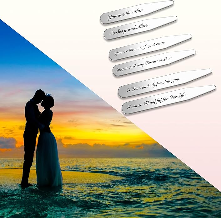PiercingJ 6PCS Free Engraving - Personalized Custom Stainless Steel Collar Stays for Men Business Wedding Dress Shirts 3 Sizes Set Regular 2.2, 2.5, 2.75 Inch + Gift Box