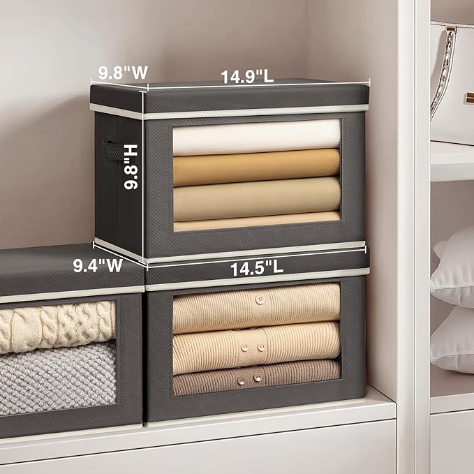 Stackable Storage Bins with Lids - Medium Storage Box with Lids, Foldable Closet Boxes for Organizing, Wardrobe Clothes Organizer with Window, Cubes Bins for Living Room, 4 Pack, Dark Grey