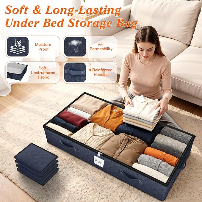 SpaceWhisper 90L Under Bed Storage Containers, 2-Pack Storage Bins with Clear Top, Foldable Closet Organizers and Storage with Label Holder for Clothing, Blankets, Comforter & Pillows(Blue)