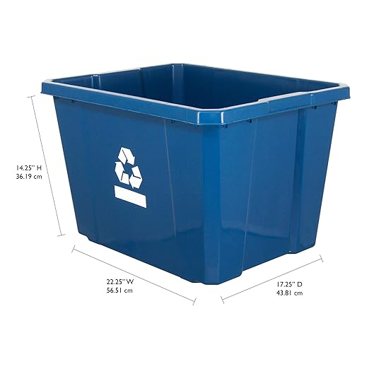 Gracious Living Medium Curbside Blue Box, Plastic 17 Gallon/64 Litre Home Trash Can Refuse and Recycling Bin Container with Built-in Handles (6 Pack)