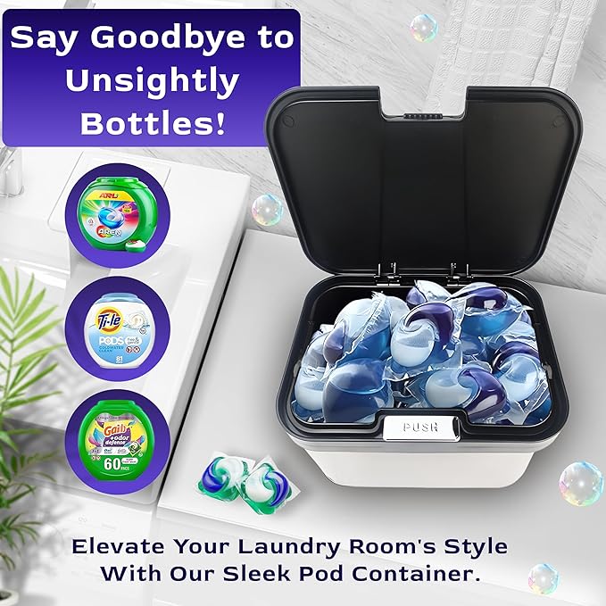 Skywin TidyFriend Laundry Pods Container with Push Up Lid, 9.8" x 7.3" x 6.3", Airtight Storage Keeps Pods Fresh, Laundry Detergent Container & Dishwasher Pod Holder (Black)