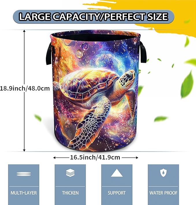 Sea Turtle Laundry Basket Galaxy Space Foldable Waterproof Oxford Cloth Funny Tote Bag Laundry Hamper Clothes Storage Bucket Toy Organizer For Bathroom/Laundry Storage/Bedroom 18.9x16.5 Inch
