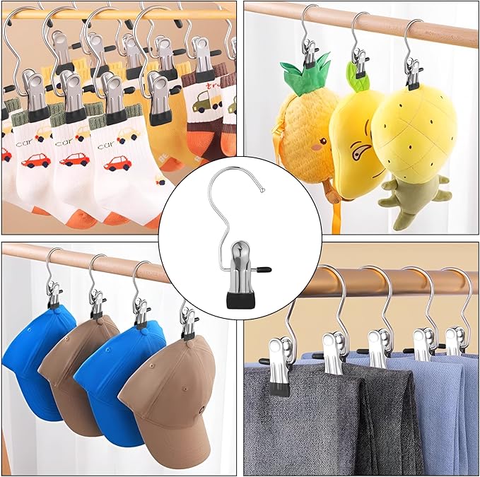 JINGIHE 30 Pack Laundry Hook Hangers Clothes Hanger Clips for Closet Organizer, Stainless Steel Heavy Duty Clothespins Bulk Boot Hanger Clips for Travel Pants Socks Handbags Hats Belt Towels Jean