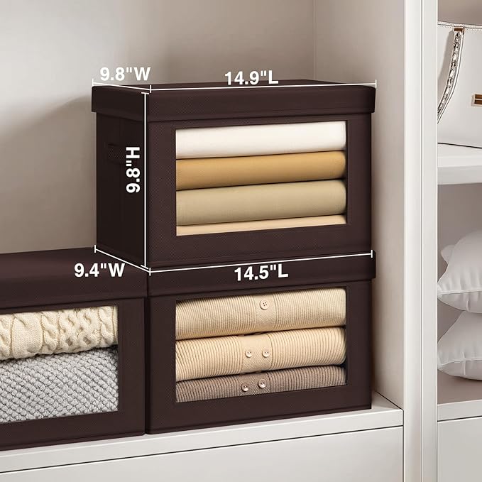 Collapsible Storage Bins with Clear Window - Clothes Organizers and Storage, Decorative Boxes with Lid, Fabric Storage Cube, Storage Baskets for shelves, Yarn, Home, Brown, 4-Pack