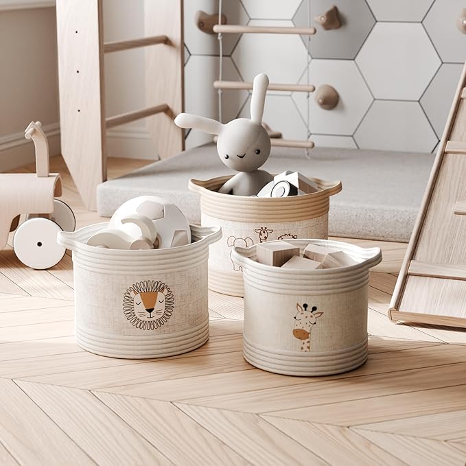 RGI Home Decorative Storage Baskets with Safari Animal Prints – Set of 3 Round Fabric Rope and Linen Organizer Bins for Nursery or Playroom, Multi-Sized with Easy-Carry Handles, Ivory, Tan, and Linen