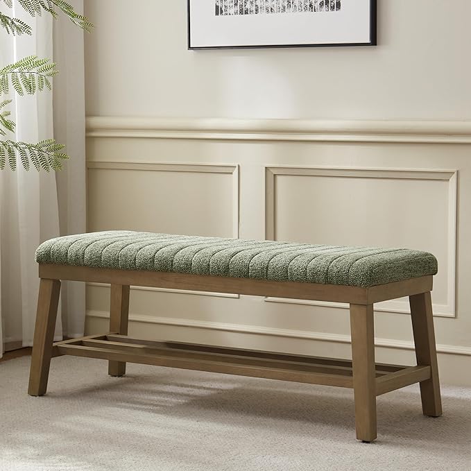 VKNOW Entryway Bench, 44.4" Upholstered Storage Shoe Bench for Entryway & Bedroom, Shoe Rack Bench with Rubberwood Legs, Modern End of Bed Bench for Living Room and Hallway, Green