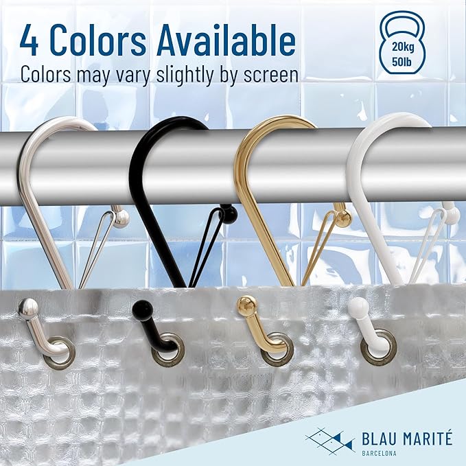 12 Decorative Metal Shower Curtain Hooks, S-Shaped Hooks with Anti-Fall System, Rust-Proof Shower Rings with Safety Buckle, Fits Rods Up to 1-Inch Diameter (S, Gold)