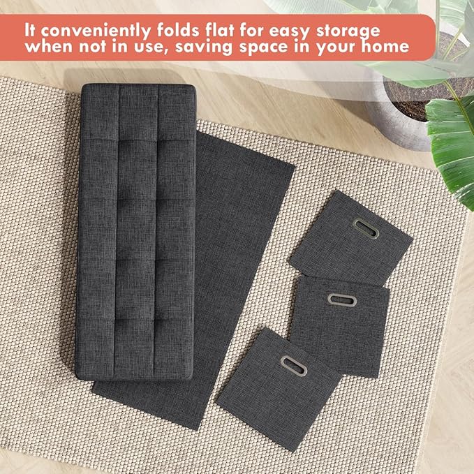 Ornavo Home Storage Ottoman with 3 Drawers, 40 Inches Long Foldable Tufted Linen Large Bench Ottoman with Storage, Foot Rest Stool Seat, for Living Room, Bedroom, Entryway, Black