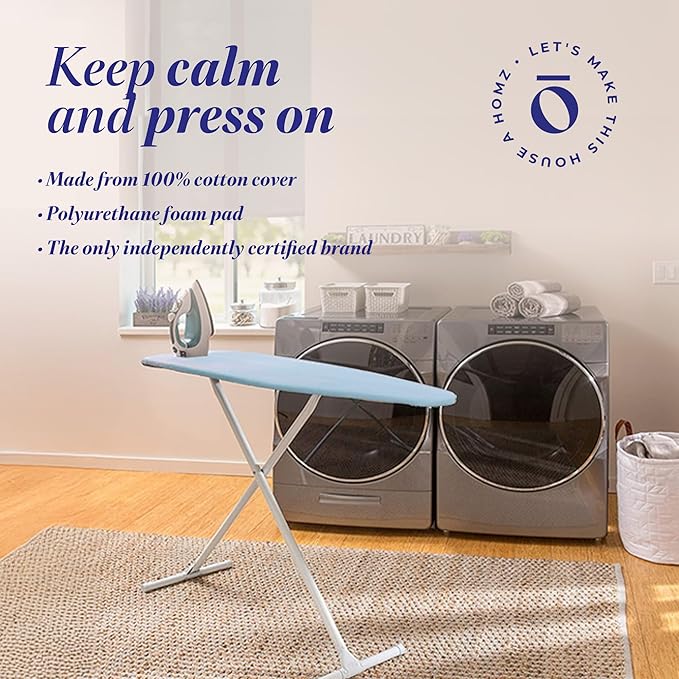 HOMZ Ironing Board, Folding Compact Table with Foam Pad and Cotton Cover, Light Blue - Portable Iron Machine Stand for Pressing Clothes - Ideal for Home, Dorm, and Laundry Room