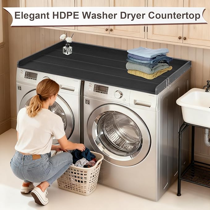 Washer Dryer Countertop, HDPE Laundry Countertop with Edge Rails, No-Installation-Black