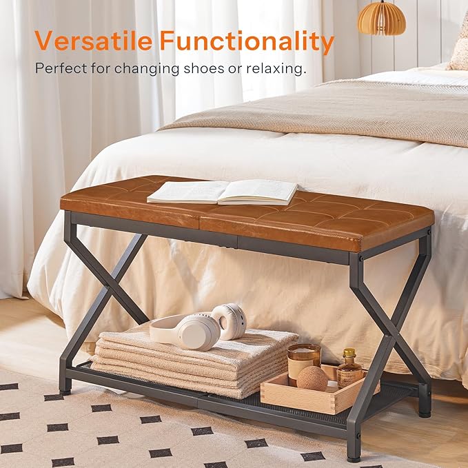 HOOBRO 29.5" L Shoe Bench, Shoe Rack Bench with PU Leather Cushion, Shoe Storage Organizer for Front Door Entrance, 2-Tier Entryway Bench for Small Space, Loads 300 lb, Whiskey Brown CB24HX01