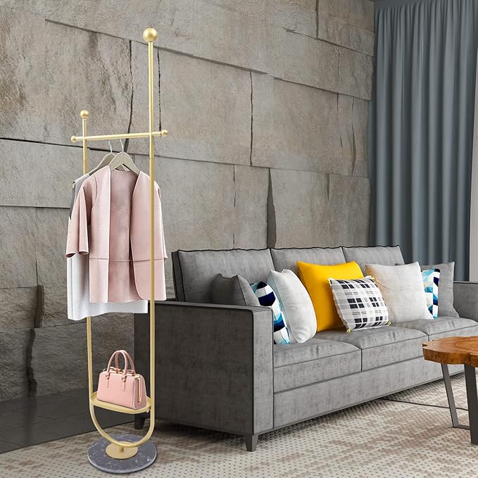 73in-Gold Clothing Garment Rack with Storage Shelf and Hat Hooks, Freestanding Coat Rack Stand Hanging Clothes, Bags, Hat for Entryway Bedroom Organizer Clothing Stores Boutique Retail