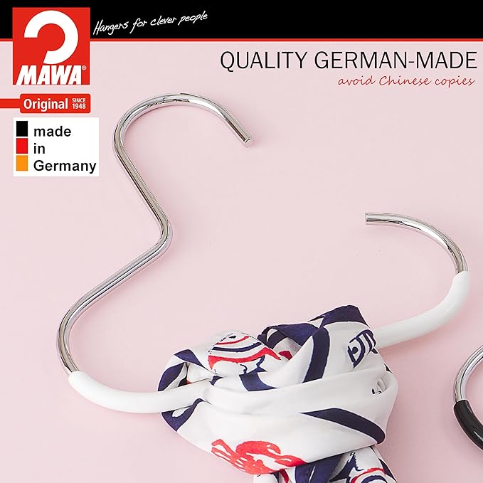 Mawa Scarf, Shawl, Belt, and Accessory Organizer, Non-Toxic Metal Hanger with Grip Coating, Easy Access Open Hook, Model G-1 Space Saving Design, Set of 2, White