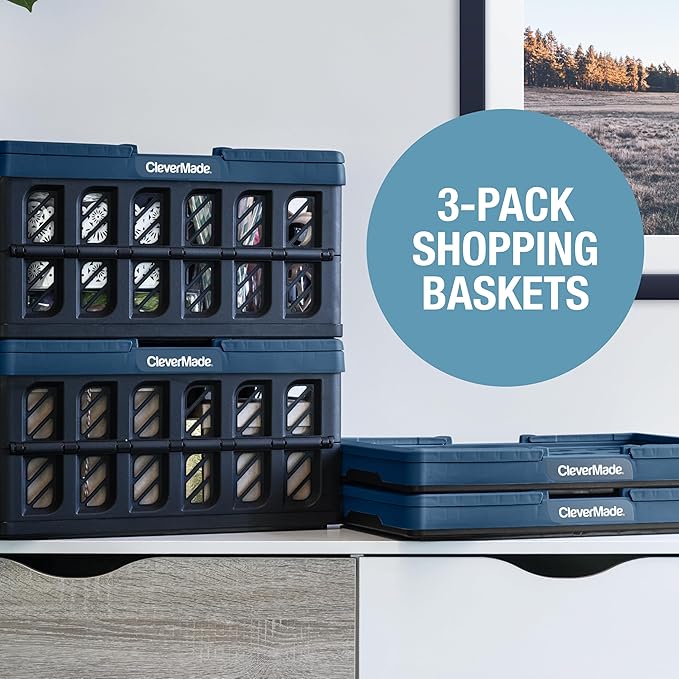 CleverMade Collapsible Shopping Basket with Handles – 24L 3 Pack Collapsible Grocery Tote, Plastic Storage Baskets Fold Flat, Stackable Collapsible Storage Bins for Car & Home - Obsidian