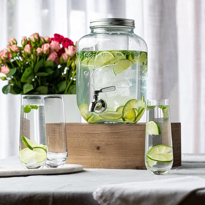 Le’raze 1 Gallon Glass Water Dispenser with Stainless Steel Spigot + Marker & Chalkboard, & Ice Cylinder - 100% Leakproof Beverage Mason Jar Drink Dispenser Gallon Jug - Laundry Detergent Holder.