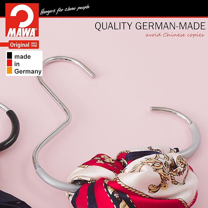 Mawa Scarf, Shawl, Belt, and Accessory Organizer, Non-Toxic Metal Hanger with Grip Coating, Easy Access Open Hook, Model G-1 Space Saving Design, Set of 2, Silver