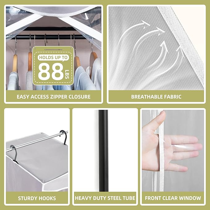 Garment Bags for Hanging Clothes Storage, Long Garment Cover with Zippered Clear Window for Closet Wardrobe Clothes Rack Organizer, Hanging Garment Bags for Dresses, Suits, 2 Pack, Gray