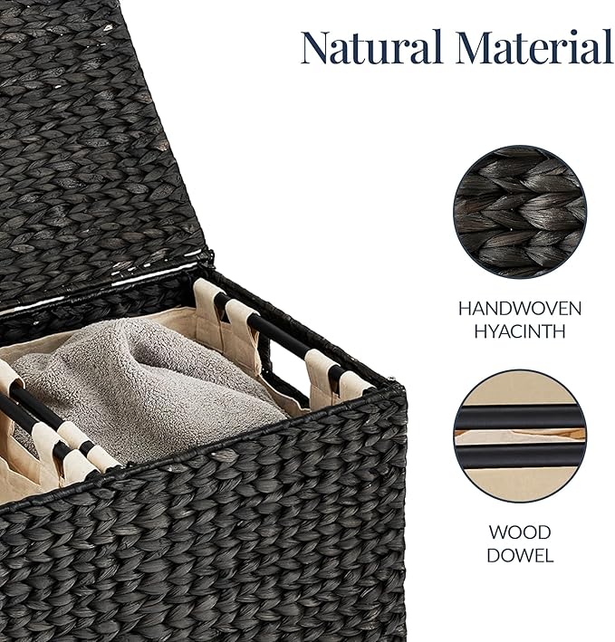 Best Choice Products Large Double Laundry Hamper with Lid, Natural Handwoven Water Hyacinth, 2 Sections w/ 2 Machine Washable Linen Liner Bags, Portable, Handles - Black