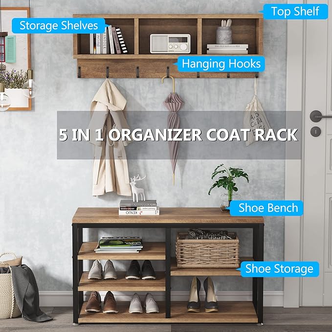 Tribesigns Coat Rack Set, Hall Tree, Industrial Shoe Bench, 3 Storage Cubbies, 7 Hooks for Entryway, Hallway, 5-in-1Design, Vintage Oak