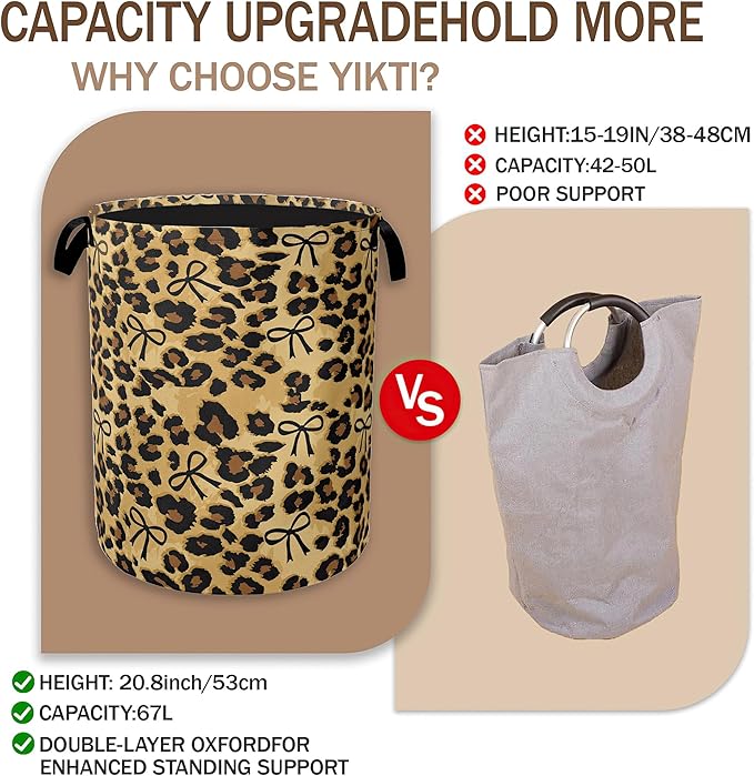 Brow Leopard Laundry Basket,Black Bow Clothes Hamper,Oxford Cloth Collapsible Nursery Hamper Storage Organization for Bedroom,Bathroom,Office,College Dorms,16x20 Inch