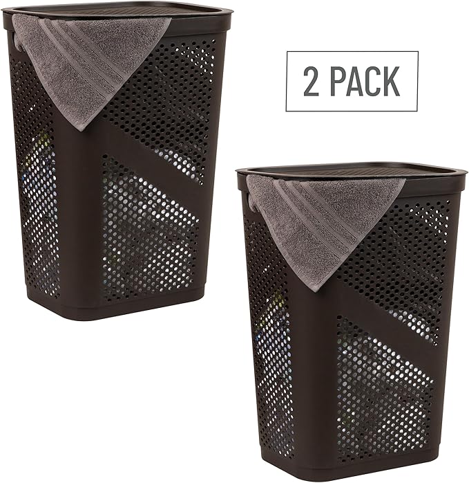 Mind Reader 60L Slim Laundry Hamper, Clothes Basket, Lid, Ventilated, Plastic, 17.25"L x 13.75"W x 23.5"H, Set of 2, Brown
