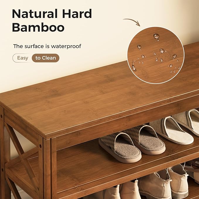 Bamworld Shoe Rack Bench with Storage 3 Tier Bamboo Shoe Bench Entryway Rustic Solid Wood Entryway Bench (X-Brown,31.5")