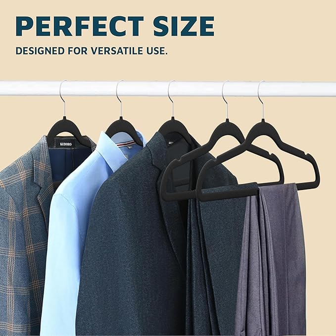 Lifemaster Velvet Non-Slip Plastic Hanger Set - 50 Pieces Non-Slip Clothes Hanger Set with 360° Swivel Hook, Space-Saving, Sleek Design, Smooth Velvet Finish, Lightweight Construction - Black