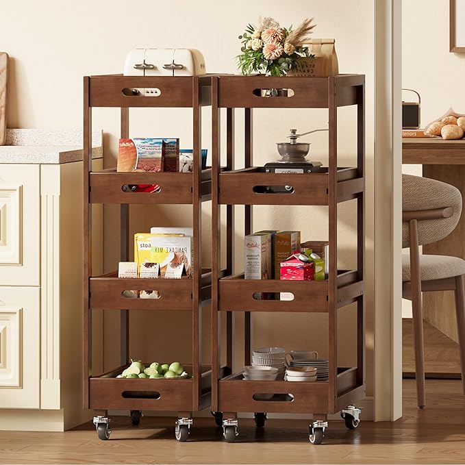 Solid Wood Storage Cart Set of 2, 4-Tier Slim Kitchen Rolling Cart with Wheels, Narrow Mobile Utility Organizer Shelving Unit for Small Space, Living Room, Dining Room, Laundry, Walnut
