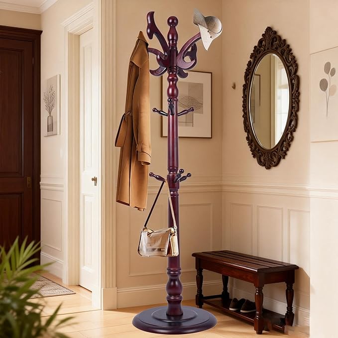 72“ Modern Wooden Coat Rack Freestanding Wood Coat Tree Heavy Duty with Hooks and Sturdy Round Base Coat Hanger Stand for Entrance, Office, Corridor