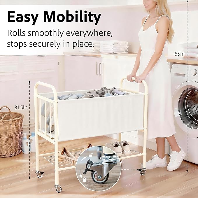 laundry basket with wheels, rolling laundry basket dirty clothes hamper storage cart, double laundry hamper for Bedroom, Laundry Room, Closet, Bathroom, College, 85L Large capacity (White)