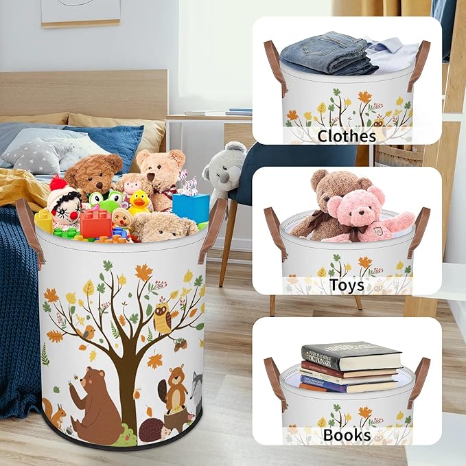 Kids Laundry Hamper Dirty Clothes Basket 18" Collapsible Polyester Sturdy & Lightweight Fall Animals Storage Bin with Handles for Bedroom Bathroom Living Room