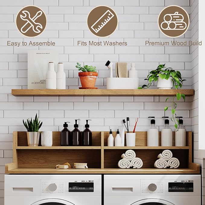 ChooChoo 2-Tier Washer Dryer Countertop with Adjustable Shelf, Spacious Laundry Room Storage for Folding Clothes and Efficient Organization, Rustic Oak