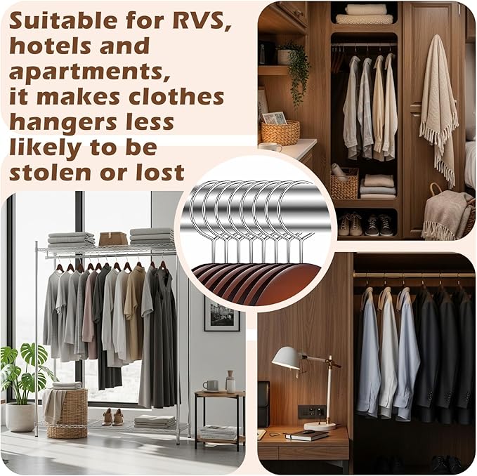 8 Pack Wooden Security Hangers with Clips 16.3" Hotel Suit Hangers with Anti Theft Ring Hook for Hotels RVS Closets Heavy Duty Wood Metal Pants with Non Slip Notches