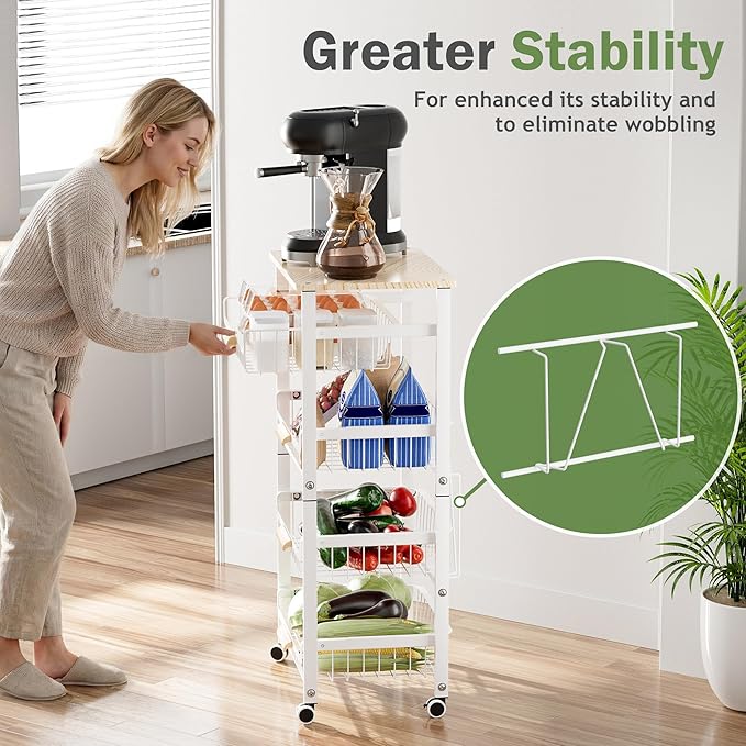 JAQ Fruit Basket for Kitchen, 5-Tier Slide Out Storage Baskets Carts Organizers Drawers with Wood Top Table with Rolling Wheels for Snacks Vegetables Vianderos para Cocina Modernos (White, 5 Layer)