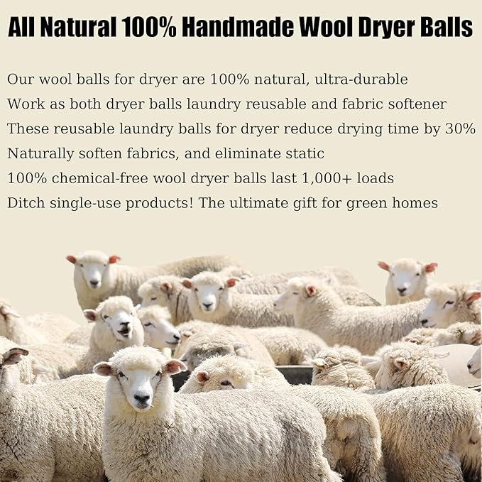 6 Pack Wool Dryer Balls Laundry Reusable Anti Static, Cotton Balls Wool Laundry Balls for Dryer Reduces Clothing Wrinkles Natural Fabric Softener Last 1000+ Loads (Black, 2.75 in/7 cm)