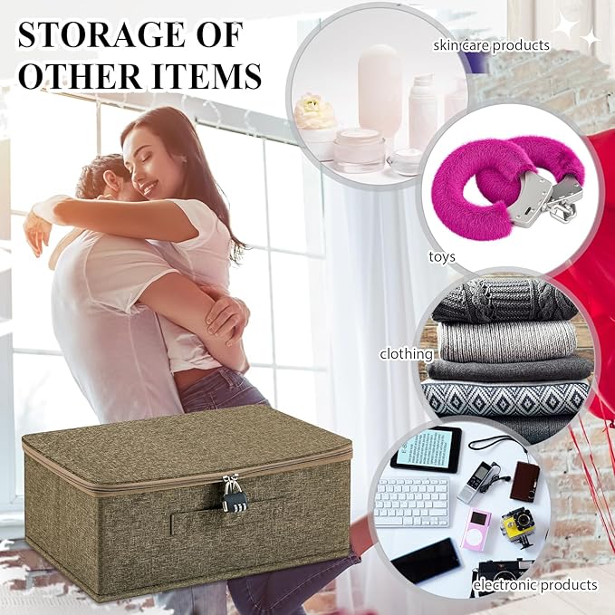 Discreet Lockable Toy Bag Storage Organizer Toy Bag Storage Bins Case with Zipper Lid for Women and Men Clothes Container(Coffee,15 x 10 x 6.3 Inch)
