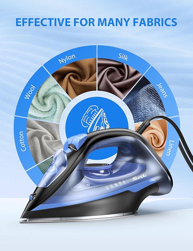 1500-Watt Steam Iron with Ceramic-Coated Soleplate and Burst Steam, 3-Way Auto-Off, Temperature Settings for Variable Fabric