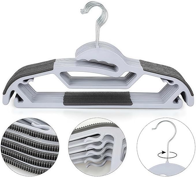 10 Pack Plastic Clothes Hangers Non-Slip Strip | 0.2" Thickened Shirts Hanger Space Saving, Coat Pants Hangers with 360° Swivel Silver Hook for Closet Wardrobe Storage, Black