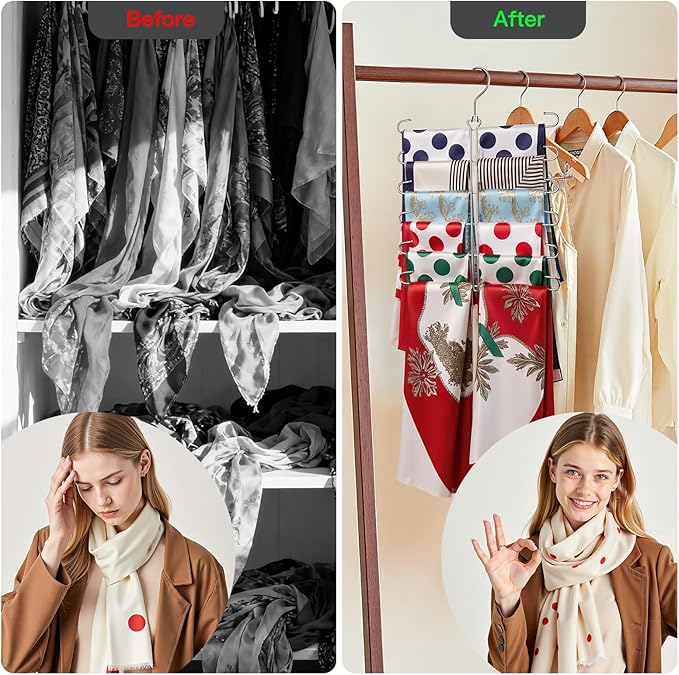 Scarf Hanger 2 Pack Scarf Hangers for Closet Organizer,6 Tiers Metal Space Saving Hanger with 360 Degree Hook,Mult Function Closet Organization for Scarves,Tank Top,Leggings