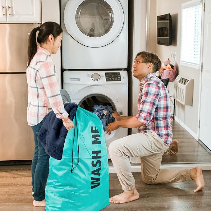 Washable Drawstring Laundry Bags 2 Pack Extra Large Heavy Duty College Dorm Dirty Laundry Clothes Travel Bag and Gym Clothes Bag for Guys and Girls (Turquoise "Wash Me")