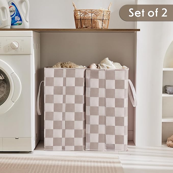 Checkered Laundry Hamper, Pack of 2, Large Beige Khaki Collapsible Cloth Hampers Basket for Storage Organization Cute Aesthetic, 2 x 75L