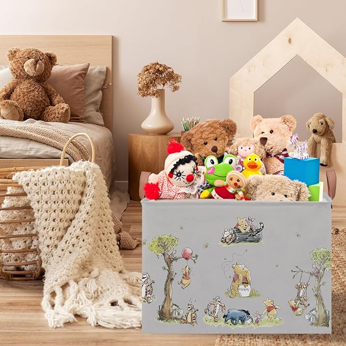 Cute Bear Nursery Storage Basket With Hard Bottom,Classic Bear Decorative Storage Hamper With Waterproof PE Coating,Large Square Canvas Cotton Laundry Bin for Baby Stuff,Diaper Bag