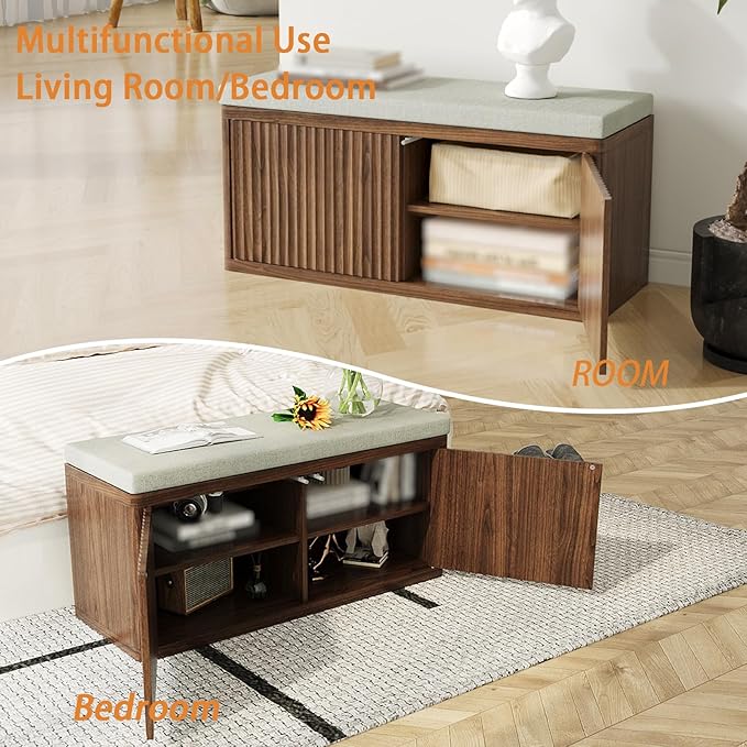 Double Layered Shoe Cabinet with Bench,Wooden Shoe Bench with Soft Cushion,Double Door without Handle Pressing Spring,Fluted Panel,Suitable for Entrance,Corridor and Living Room (Shoe Bench-Walnut)